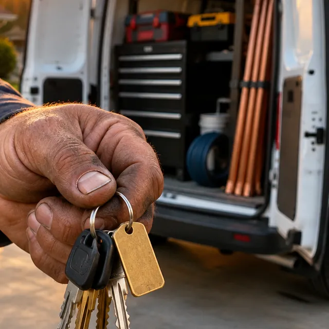 Hand holding truck keys in front of a work van